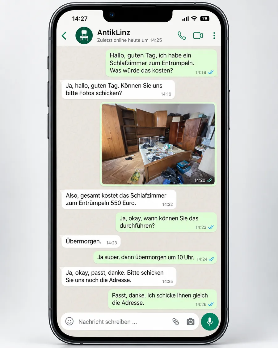 Schlafzimmer-Entrümpelung Linz: WhatsApp-Anfrage bei AntikLinz mit Foto des Schlafzimmers, Preisangebot und kurzfristiger Terminvereinbarung