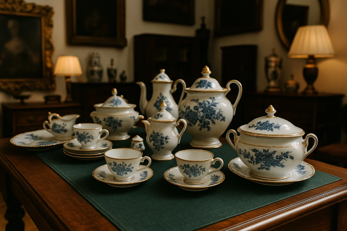 Verschiedene antike Porzellanarten wie Teller, Figuren und Vasen